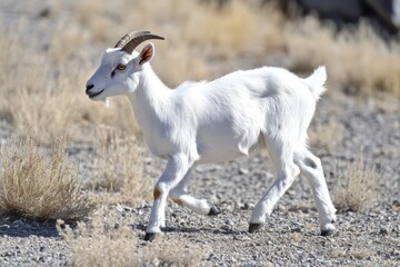 Obraz premium White goat running in dry terrain