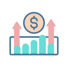 Financial growth chart with coin, dollar, and ascending arrows