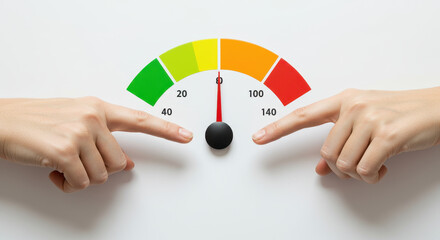 Two hands indicating risk assessment on a colorful performance gauge.