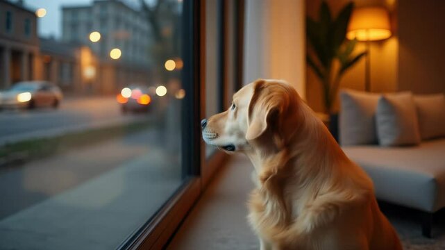 Golden retriever gazes out of window during rainy evening in urban setting