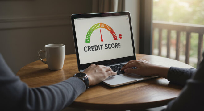 Man checking credit score on laptop indoors, managing personal finance.