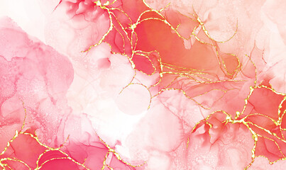Pink alcohol ink mixed with glitter gold pattern elegant abstract ink flow art with translucent background.