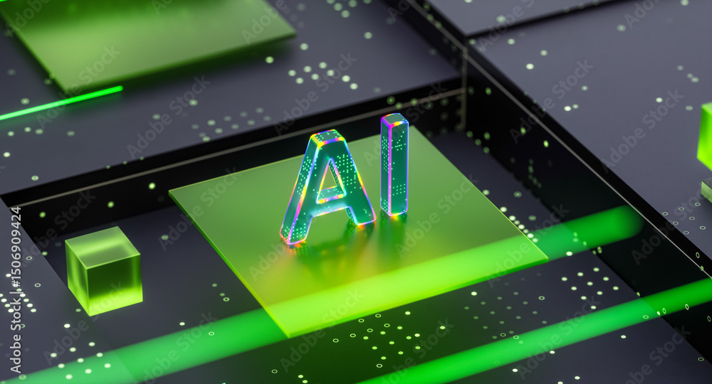 Poster Digital technology background with Artificial intelligence driving on green circuit board.