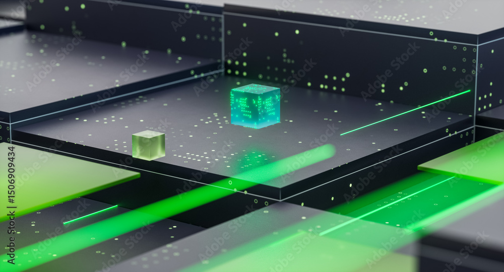 Poster digital technology background with artificial intelligence driving on green circuit board.