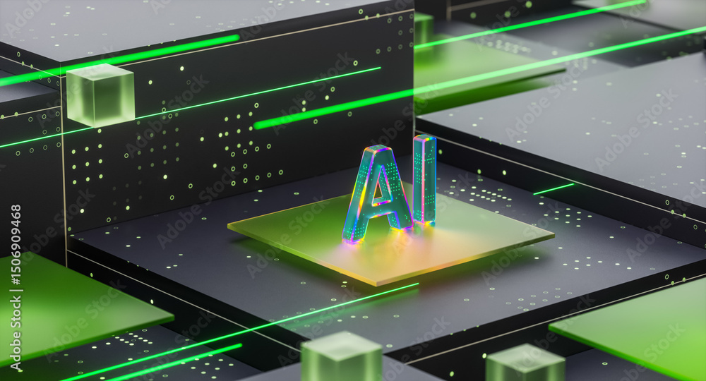 Poster digital technology background with artificial intelligence driving on green circuit board.