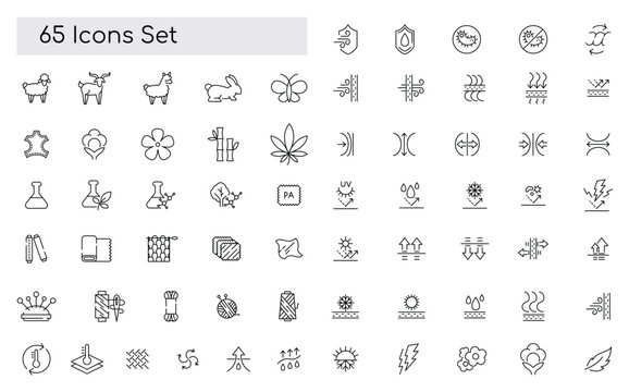 Fabric material line icon set. Linen, leather, cotton, bamboo, cashmere, mohair minimal vector illustration. Simple outline sign for clothing textile feature. Pixel Perfect, Editable Stroke