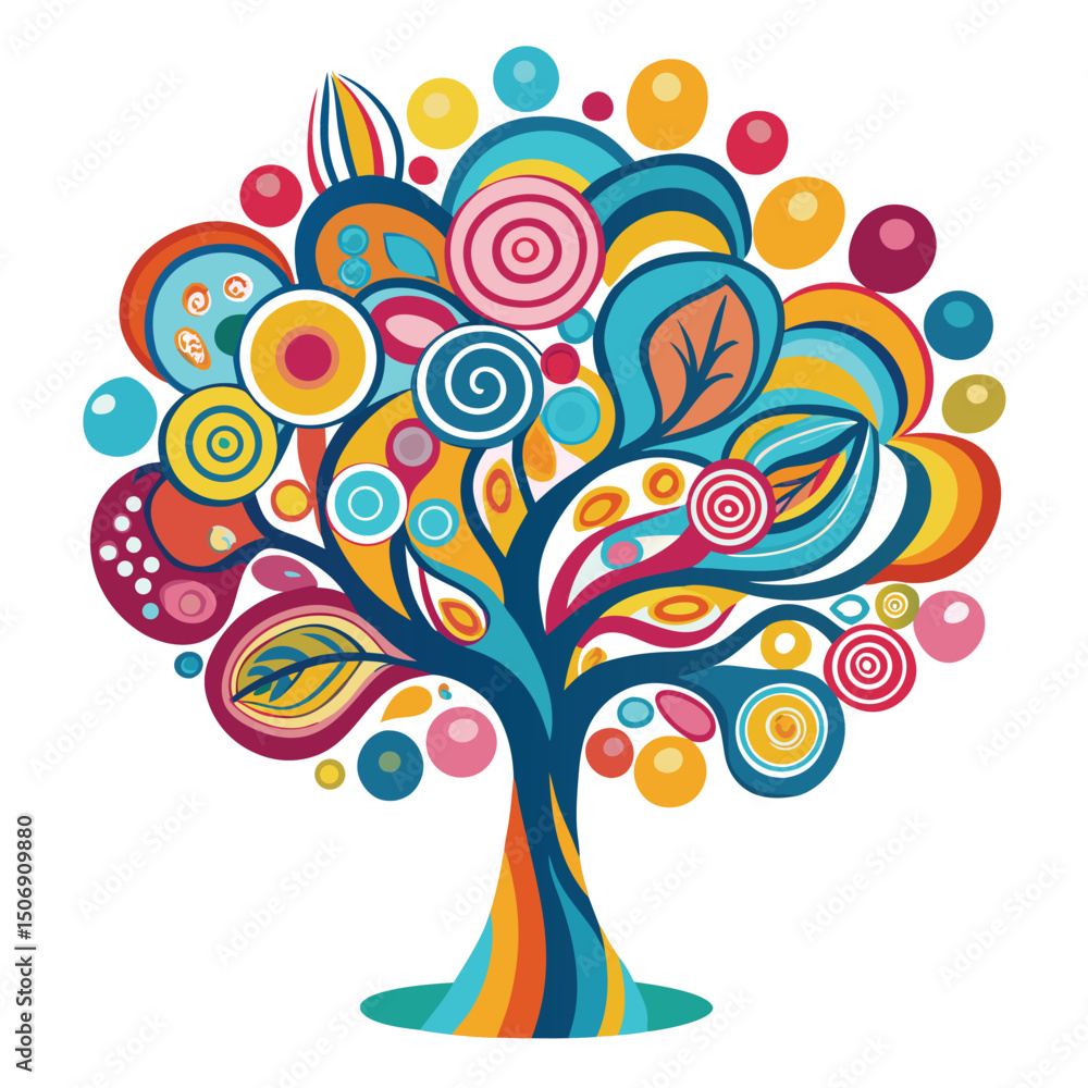 Poster abstract colorful tree vector design symbolizing growth vitality and nature featuring whimsical orna