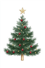 Fototapeta premium An inviting Christmas tree illuminated with festive lights and adorned with ornaments, conveying warmth and cheer in a simple illustration.