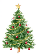 Fototapeta premium A vibrantly illustrated evergreen Christmas tree, adorned with ornaments and a star, stands as a symbol of festive cheer and holiday spirit.