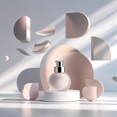 Floating Pastel Geometric Shapes with Matte Pedestal and Skincare Product on Clean White Background for Luxury Branding