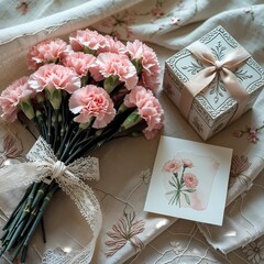 Vintage Floral Gift Scene with Carnation Bouquet and Watercolor Card on Embroidered Linen Background