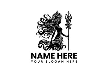 Powerful silhouette of Goddess Durga with flowing hair and trident, surrounded by intricate swirling patterns. Mythology and Spirituality Concept