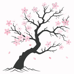 Elegant cherry blossom tree silhouette with falling petals for springtime or japanese themed designs