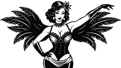 Elegant burlesque dancer with feather wings wearing corset and gloves posing in and white vector illustration