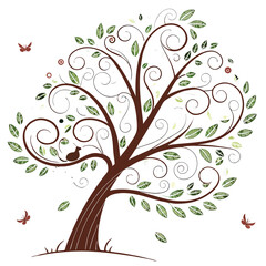 Elegant swirling tree design with bird and butterflies against clean white background springtime vector illustration