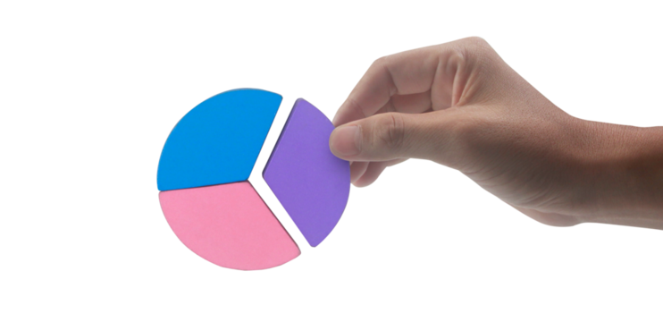 Hand holding colorful pie chart segment digital marketing analysis studio setting creative viewpoint