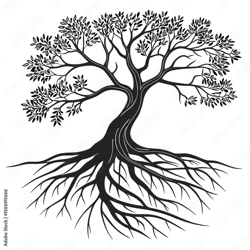 Poster elegant vector illustration of a tree with leaves and extensive root system in and white minimalist 