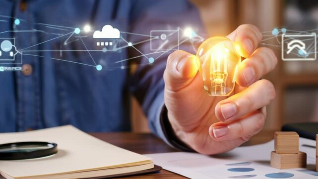 Hand of business man holding light bulb with innovation work in office - Technology, energy and electricity concept - Model by AI generative 