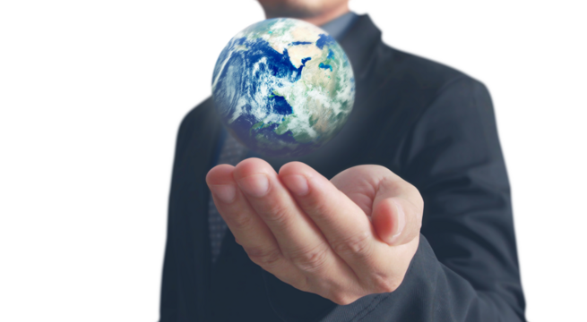 Empowering global sustainability business leader holding earth model corporate office digital art professional setting inspirational perspective