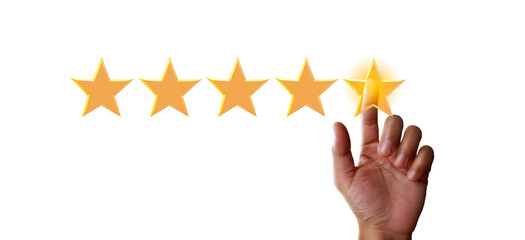 Hand reaching for a star rating in business evaluation online review environment concept of quality assessment