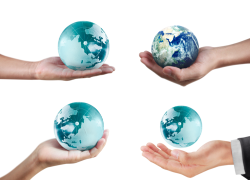 Hands holding terrestrial globes global awareness event office environment close-up viewpoint concept of sustainability