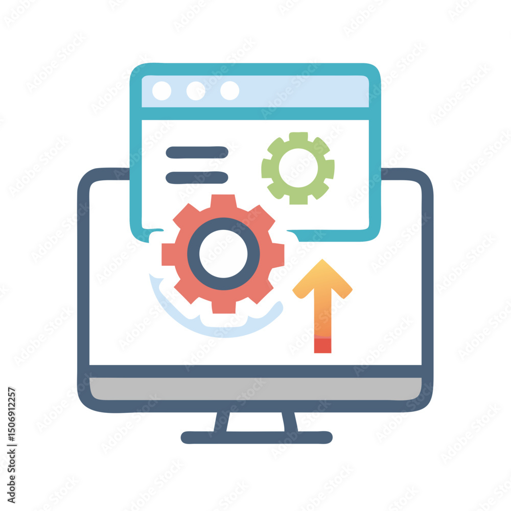 Poster computer with webpage windows and gears showing data transfer