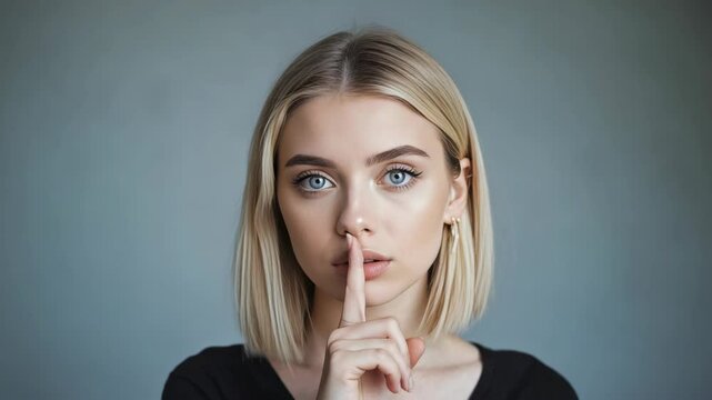 A woman with short blonde hair and blue eyes is making a gesture suggesting silence or confidentiality.