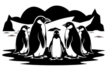 Obraz premium Emperor Penguins in a Landscape Simple Monochrome Illustration