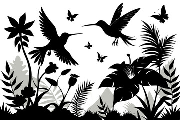 Obraz premium Hummingbirds and Butterflies Among Tropical Plants Black and White Silhouette Design