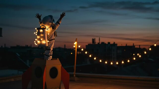 Child astronaut in a silver suit stands on a rooftop at sunset. A small rocket model is nearby, surrounded by string lights. The sky is colorful with dusk hues.
