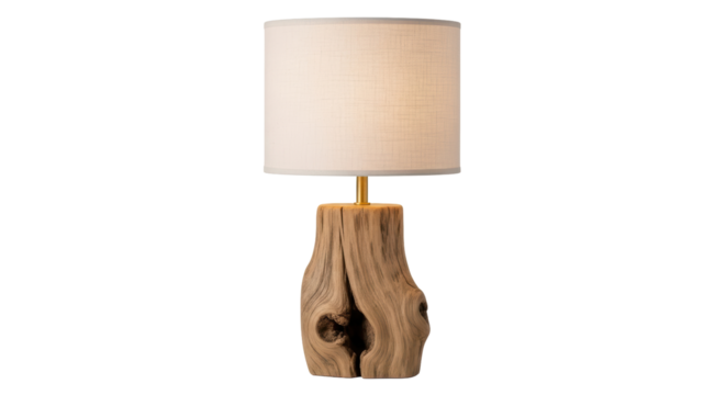 Isolated Rustic Table Lamp with Driftwood Base and Linen Shade