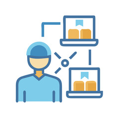 Worker connected to warehouse boxes on a network