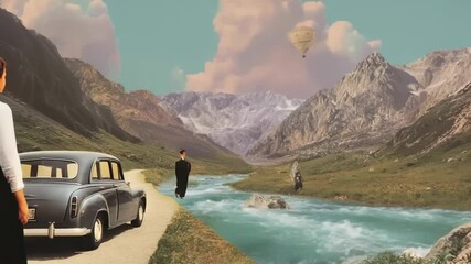 Retro car parked by mountain lake with suited man walking toward scenic horizon. Retro Cutout Collage Style - Powered by Adobe