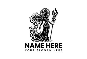 Powerful silhouette of Goddess Durga with flowing hair and trident, surrounded by intricate swirling patterns. Mythology and Spirituality Concept