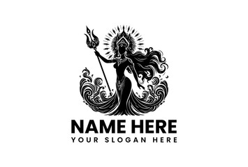 Powerful silhouette of Goddess Durga with flowing hair and trident, surrounded by intricate swirling patterns. Mythology and Spirituality Concept