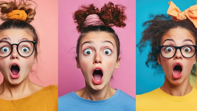 Four panels of a woman making funny faces