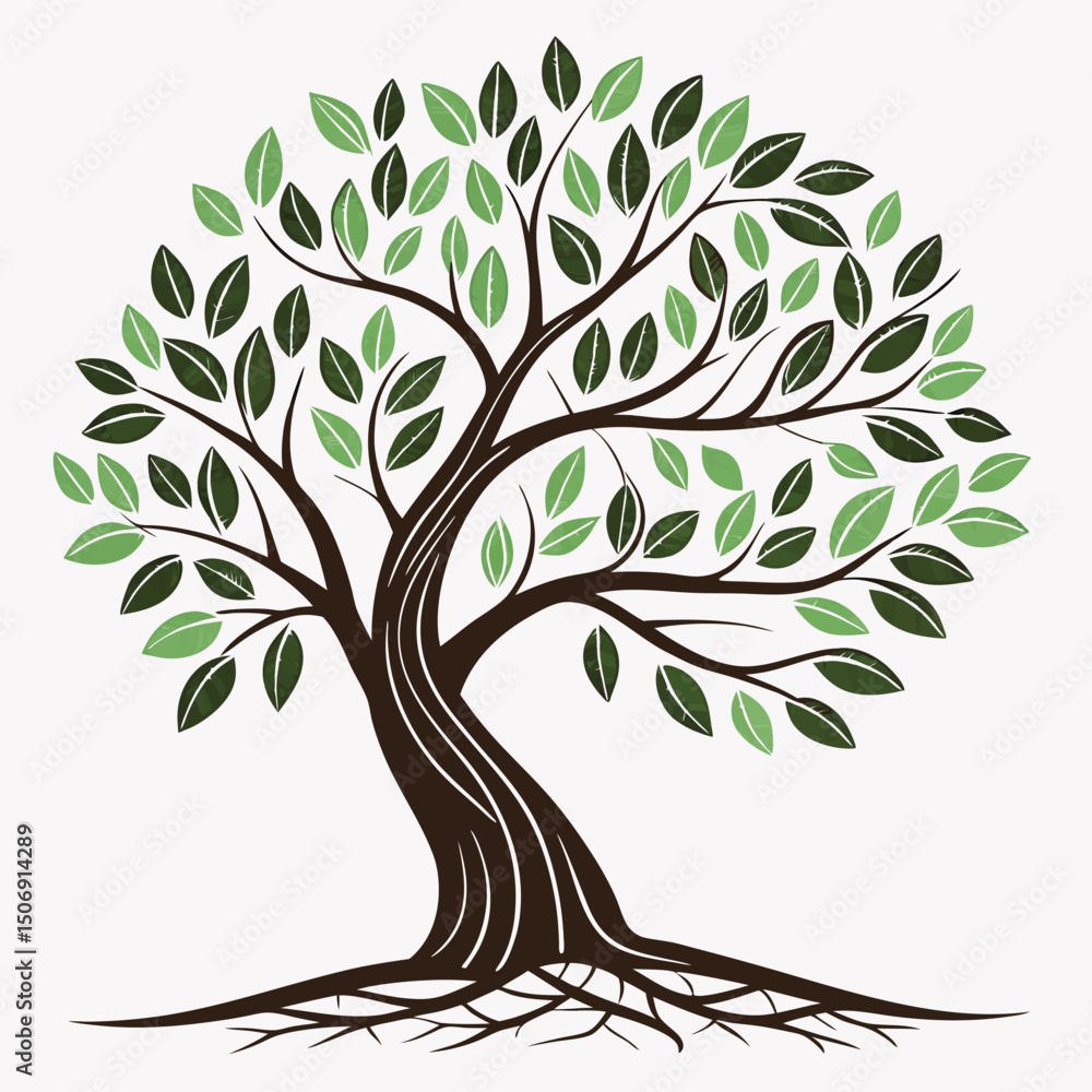 Poster stylized vector tree illustration with green foliage and extensive root system on neutral background