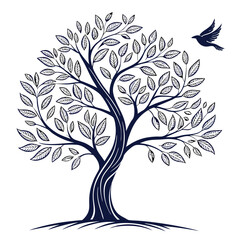 Stylized decorative tree with leaves and bird in flight isolated on white background vector illustration
