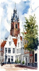 Naklejka premium Historic european street with towering church and elegant architecture