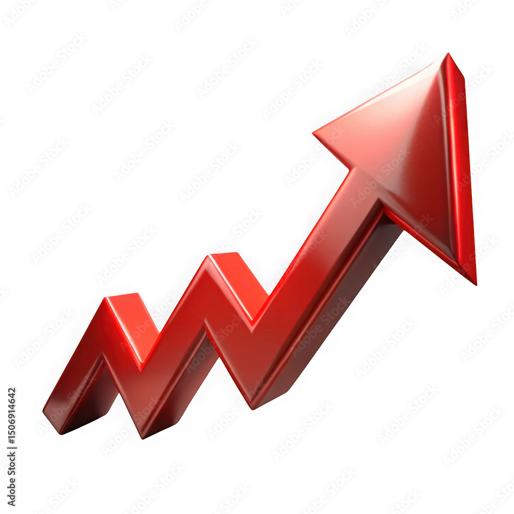 Poster dynamic red arrow pointing upward illustrating growth and success with isolated transparent backgrou