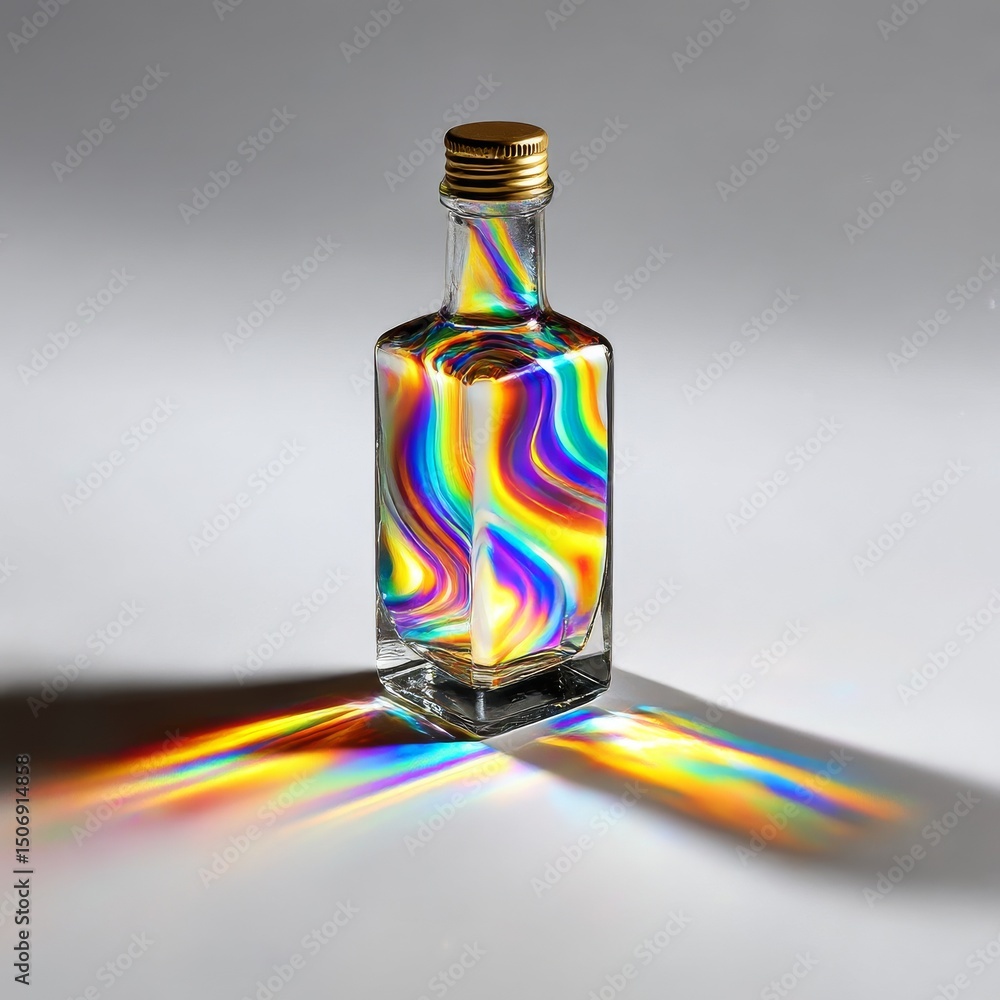 Aufkleber Prismatic Bottle: A Captivating Display of Light and Color Through Glass, Casting Vibrant Shadows on a Seamless Background