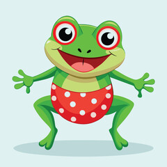 Obraz premium Cheerful green cartoon frog with red polka dot shorts smiling broadly at the viewer