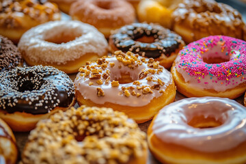 Assorted donuts, each topped with different toppings like sprinkles, nuts, and glaze. Generative AI