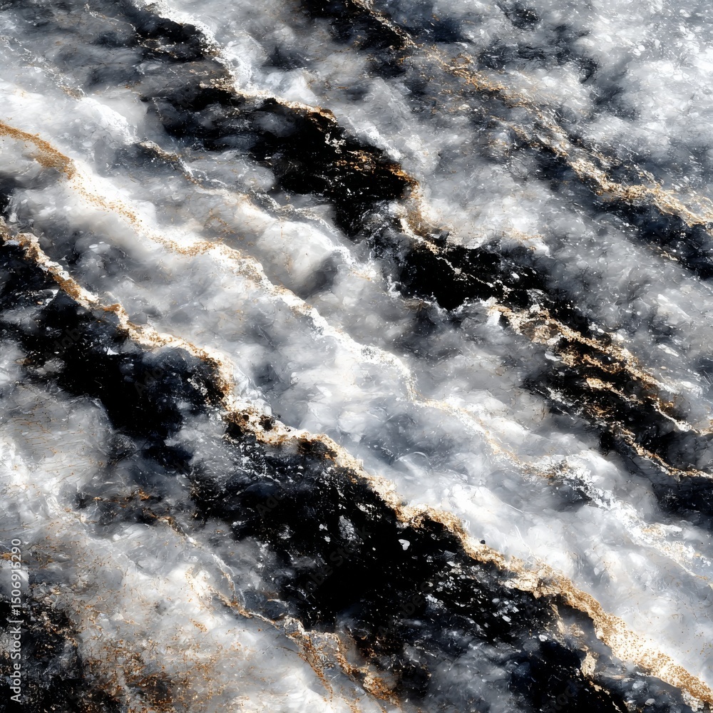 Poster striking contrast: a textured marble surface with black veins and golden accents creating an elegant