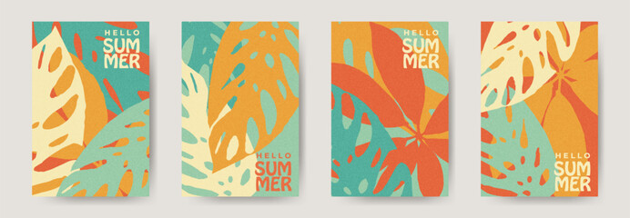 Summer cards set. Retro summer vibe with overlapping monstera leaves. Creative concept. Abstract tropical leaves and plants. Minimalist design for botanical background, poster, card, ads, cover