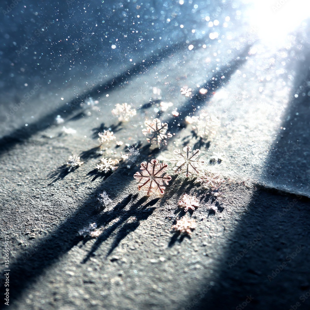 Poster winter's glimmer: sparkling snowflakes catch the light in a frozen embrace, casting long shadows on 