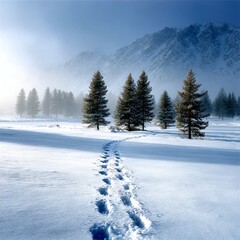Obraz premium Winter's Footpath: A snowy trail leads through serene scenery with trees and a majestic, mist-shrouded mountain backdrop.