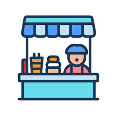 Stylized vendor stall cartoon graphic with person inside shop
