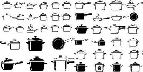 Icon set featuring various cooking pots designed for culinary applications and kitchen themes