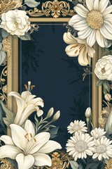 Vintage funeral memorial template with ornate golden frame and floral botanical design on dark background